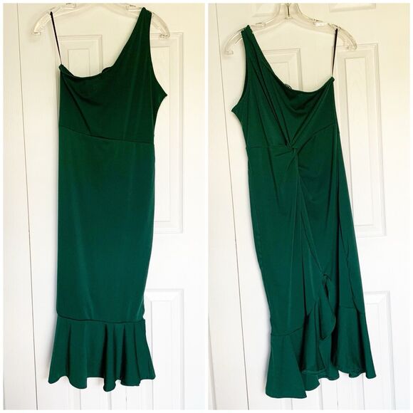 Women Night Gown Dress Large Green One Shoulder Ruffle Hem CHICME - Picture 16 of 16